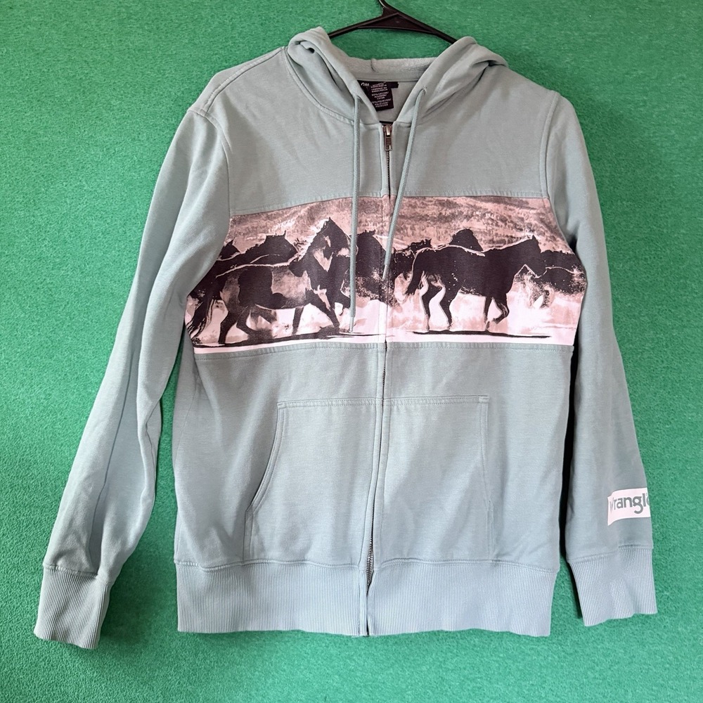 Wrangler Retro Zip Up Hoodie Womens Small Teal Running Horses Western Sweatshirt